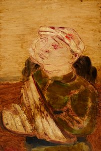 Herido - Retrato de un hombre con gorra (acrílico sobre papel sobre tabla)