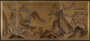 Tártaros cazando en un paisaje montañoso de Japan, Edo period