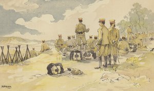 Un batallón de la Guardia Imperial se detiene en su camino a Liao-yang (cromolito) de Japanese School