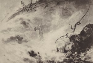 Un marinero japonés desembarca con una cuerda durante un naufragio (litografía)