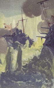 Ataque nocturno de destructores torpederos japoneses a la escuadra rusa frente a Port Arthur (chromolitho) de Japanese School