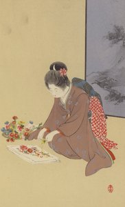 Una niña jugando con crisantemos (cromolito)