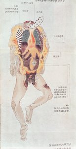 Un cuerpo destripado de la disección de una víctima de tortura de 1796, de un makimono de un médico Midori, 1842 de Japanese School