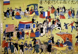 Visitantes americanos, holandeses y franceses llegando a Yokohama en Japón, c.1860