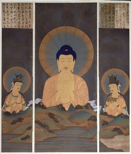 Aparición de la Trinidad Budista, Buda Amitabha y sus dos Bodhisattvas, Kannon (Compasión) y Seishi (Sabiduría) en la montaña, ilustración de la revista "Kokka", enero de 1909 (litografía en color).
