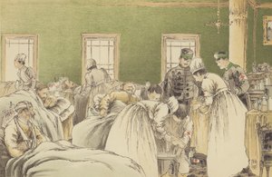 Atención a los heridos rusos en el Hospital Temporal de la Cruz Roja Japonesa en Chemulpo (cromolito) de Japanese School