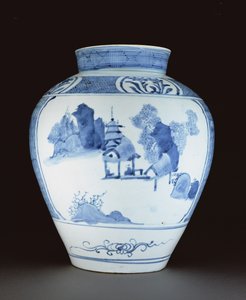 Jarrón azul y blanco de Japanese School