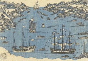 Impresión de Bunkindo de barcos extranjeros en el puerto de Nagasaki, 1800-50