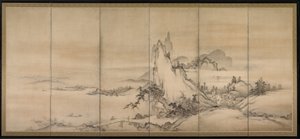 Paisaje Chino, uno de un par de biombos de seis pliegues de Japanese School