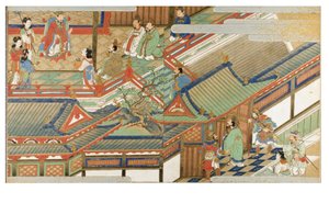 Escena de la corte china en estilo Yamato-e de Japanese School