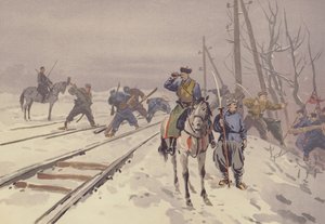 Destrucción del ferrocarril de Manchuria por una banda de ladrones de Hunhutse (cromolito)