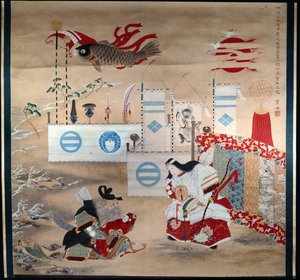 Emperatriz Jingo Kogo y el viejo general Takeshi Vchi No Sukune, sosteniendo al hijo de la Emperatriz Homuda - El estandarte de la carpa simboliza al hijo de la Emperatriz de Japanese School