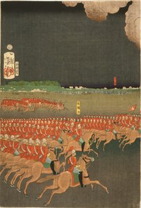 Tropas francesas y británicas participan en maniobras de entrenamiento militar, Yokohama, Japón. Ejercicio de caballería británica. Parte de un tríptico de Taiso Yoshitoshi (1839-1892), artista japonés de Ukiyo-e. Caballo de Japanese School