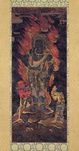 Fudo Myoo y dos asistentes (tinta y color sobre seda) de Japanese School