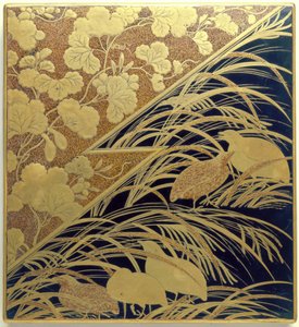 Estuche de piedra de tinta con diseño de hierba de la Pampa y codorniz, periodo Edo, c.1630 (madera lacada con oro, piedra de tinta y plata) de Japanese School