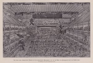 Interior de un teatro Kabuki tradicional japonés mostrando el Hanamichi que atraviesa la audiencia desde la parte trasera del teatro hasta el escenario de Japanese School