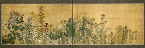 Arte japonés: paneles de pantalla decorados con flores