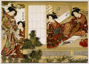 Mujeres japonesas que escriben y leen. Estampa del siglo XVIII
