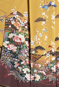 Kimono Furisode (mangas ondulantes) usado por jóvenes solteras en ocasiones elegantes y Maiko (aprendiz de Geisha), Seda lisa, motivos florales, cintas flotantes, teñido Kaga-Yuzen, tejedurías Tokamachi, civilización japonesa, siglo XX.