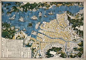 Mapa de Nagasaki, Japón, c.1868 (xilografía coloreada) de Japanese School
