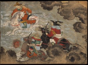 Soldados montados luchando contra demonios, ilustración del 