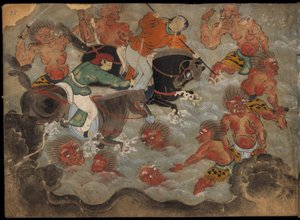 Soldados montados luchando contra demonios, ilustración del 