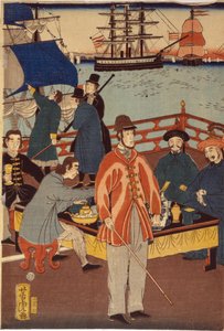 Impresión de un tríptico que muestra a mercaderes europeos tomando un refresco con japoneses. Al fondo, barcos en el puerto de Yokohama, Japón. de Japanese School
