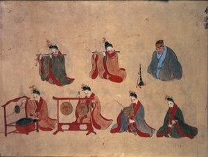 Or.961 fol.5 Siete músicos sentados, de las actuaciones musicales de Ryukyu, c.1800-50 (pluma y tinta y acuarela sobre papel)