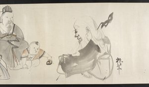 O. 14872, f.30 Dos adultos y un niño, de Yoshida Seisai (pergamino) de Japanese School