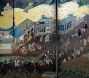 Biombo portugués: una representación de la llegada de los misioneros jesuitas portugueses a Japón en el siglo XVI. (detalle)