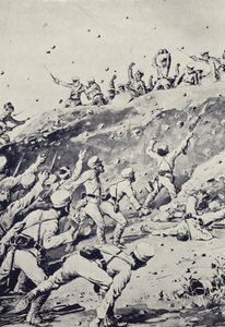 Soldados rusos lanzando piedras desde una posición en el To-shan (litografía) de Japanese School