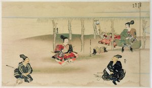 El samurái Takezaki entrega las cabezas de dos invasores mongoles a Adachi Morinume durante la invasión mongola de Japón en 1274, ilustración de la revista Kokka, mayo de 1921 de Japanese School