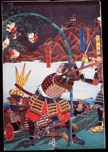 Samurai mostrando las cabezas cortadas de sus enemigos en cañas de bambú, sewamono (juego doméstico)