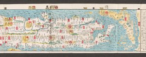 Sección de un mapa de carreteras en Japón.  Dai Nihon koku junro meiki daisei. ["Un mapa claro y minucioso de las carreteras principales de Japón"]  1850