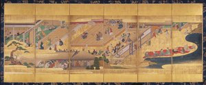Biombo con la obra Noh Funa-Benkei, c.1660 (color, gofun y tinta y oro sobre papel) de Japanese School
