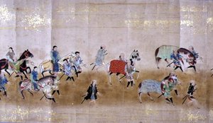 Sexta Embajada Coreana a Japón en Meireki 1 en el momento de la sucesión de Tokugawa Ietsuna en 1651, posiblemente por Kano Masunobu (1625-94) (pintura en pergamino) (detalle) de Japanese School
