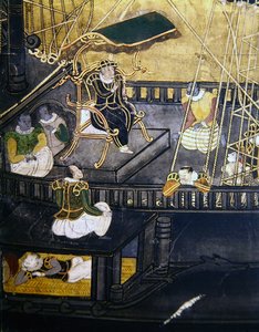 La llegada de los portugueses a Japón, detalle que muestra a hombres en la parte central de un barco, de una pantalla Namban Byobu, 1594-1618