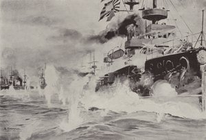 El Mikasa luchando valientemente contra la escuadra rusa frente a Port Arthur el 10 de agosto (litografía)