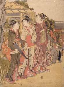 Tres bellezas en el mercado (xilografía en color) de Japanese School