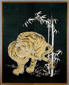 Tigre y bambú, motivo en biombo de algodón (byobu), almidón de arroz y baño de añil con pigmentos, civilización japonesa, periodo Meiji-Taisho de Japanese School