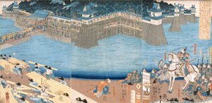 Tríptico mostrando un fuerte siendo construido por el Río Kunigos, período Edo 1603-1868