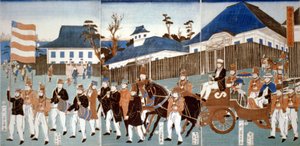 Tríptico que muestra un desfile de extranjeros, Yokohama, en un coche abierto tirado por caballos y dirigido por un hombre que lleva las barras y estrellas, y una banda militar,1861. Utagawa Yoshigawa (activo 1850-1870) Artista japonés de ukiyo-e. de Japanese School