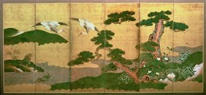 Dos grullas zambulléndose detrás de pino y roca, Período Edo de Japanese School