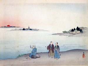 Dos hombres caminando junto a un lago, c. 1870 de Japanese School