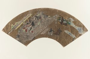 Sin título - pintura en forma de abanico de damas sentadas en un pabellón jugando un juego, 1603-1868 de Japanese School