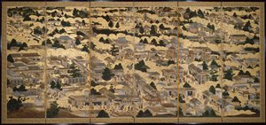 Vistas de Kioto y sus alrededores (Rakuchu rakugai zu), ca.1616-24 (tinta, color y pan de oro sobre papel)
