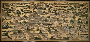 Vistas de Kioto y sus alrededores (Rakuchu rakugai zu), ca.1616-24 (tinta, color y pan de oro sobre papel)