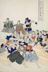 Señor de la Guerra observa a Samuráis practicando su esgrima, detalle mostrando a maestros y alumnos observando, de un Álbum de Xilografías del siglo XIX de Japanese School