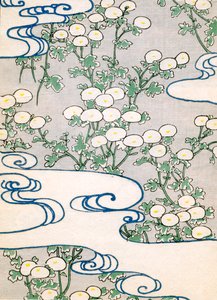 Grabado en madera a color de vides florecientes y patrón de olas de Japanese School