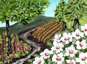 Sendero entre viñedos con flores